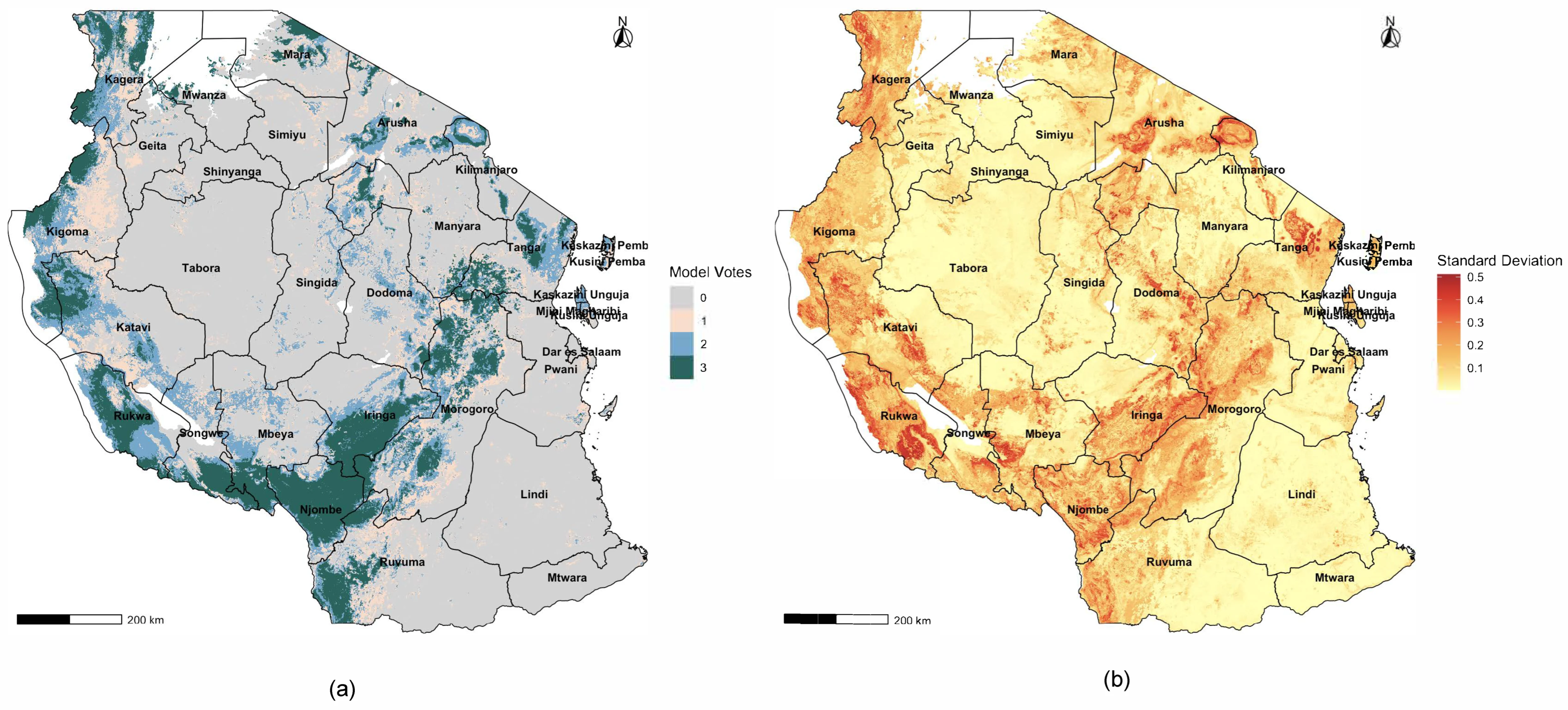 Two maps of Tanzania showing inter-model agreement and standard deviation for avocado suitability, from green consensus to dark red high uncertainty.