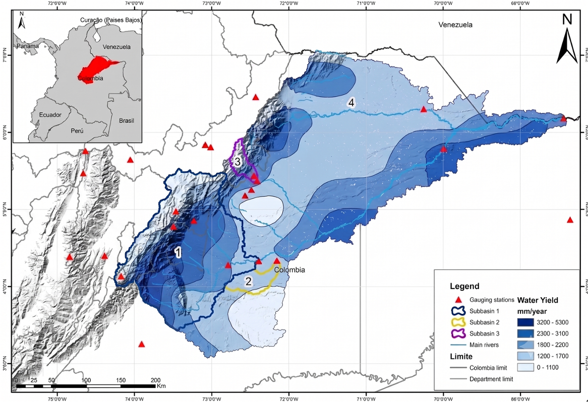 Map of the Meta River basin in Colombia showing modelled annual water yield in millimetres per year, from under 1,100 to over 3,200, with subbasins, gauging stations, and main rivers.